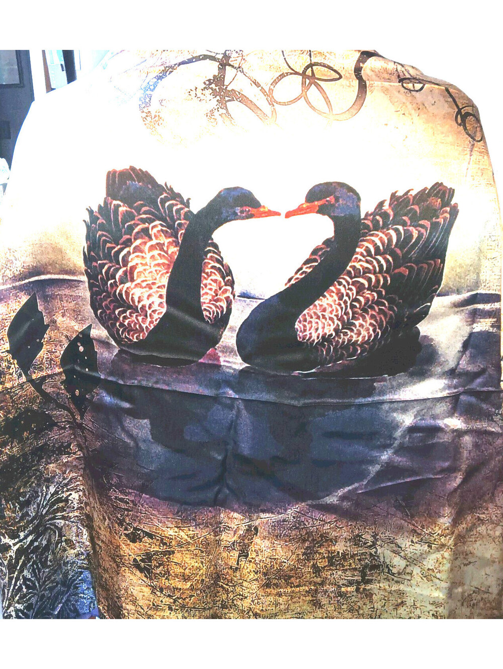 100% Silk Scarf 34" X 34" Black Swan With Purple Trim Hangzhou Leizu Fashion Co